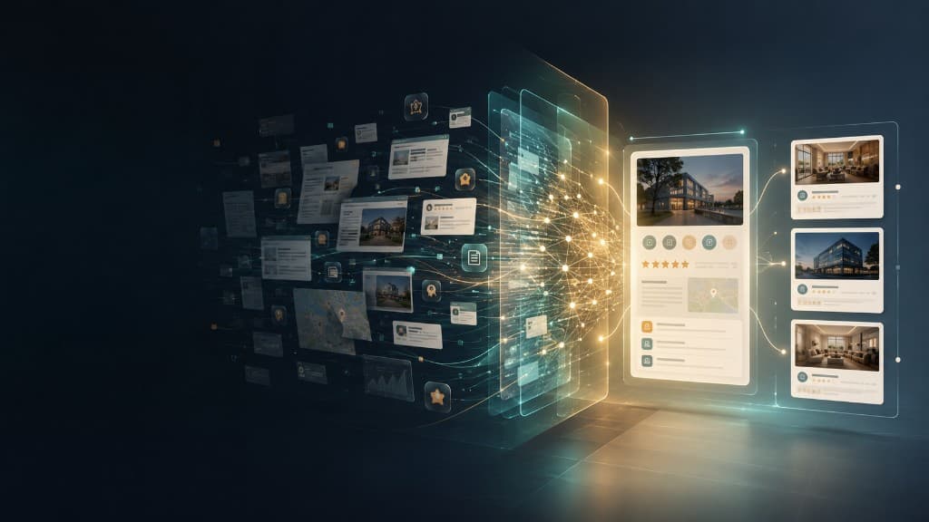Disconnected web pages, reviews, maps, and business data passing through an AI interpretation layer and becoming a clear set of trusted choices.