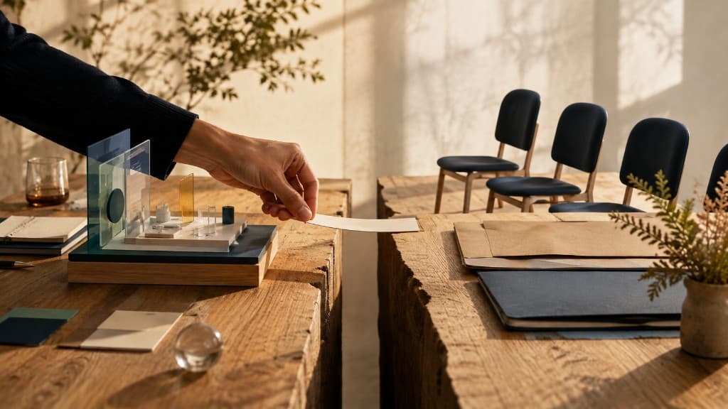 A hand laying the first narrow bridge between a finished product prototype and a set of empty customer chairs.