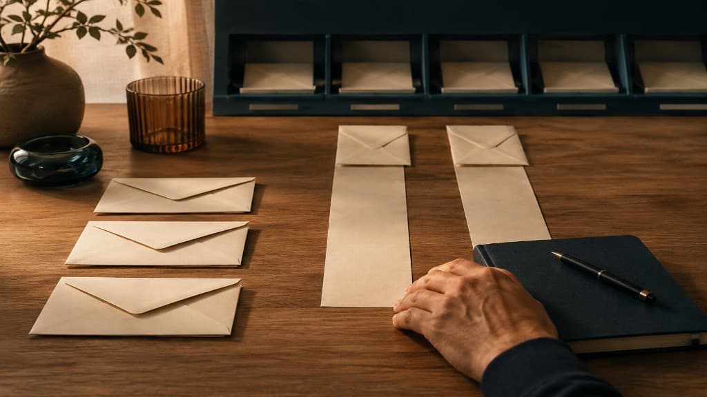 Carefully prepared envelopes move toward quiet inboxes while an operator waits beside a notebook.