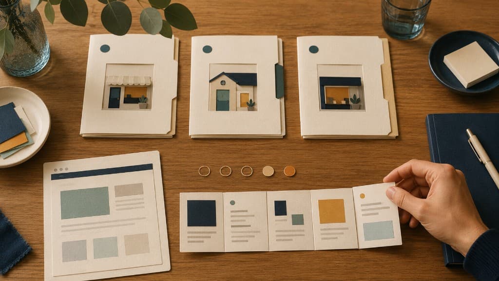 Three selected small-business folders beside a compact public-page audit being assembled by hand.