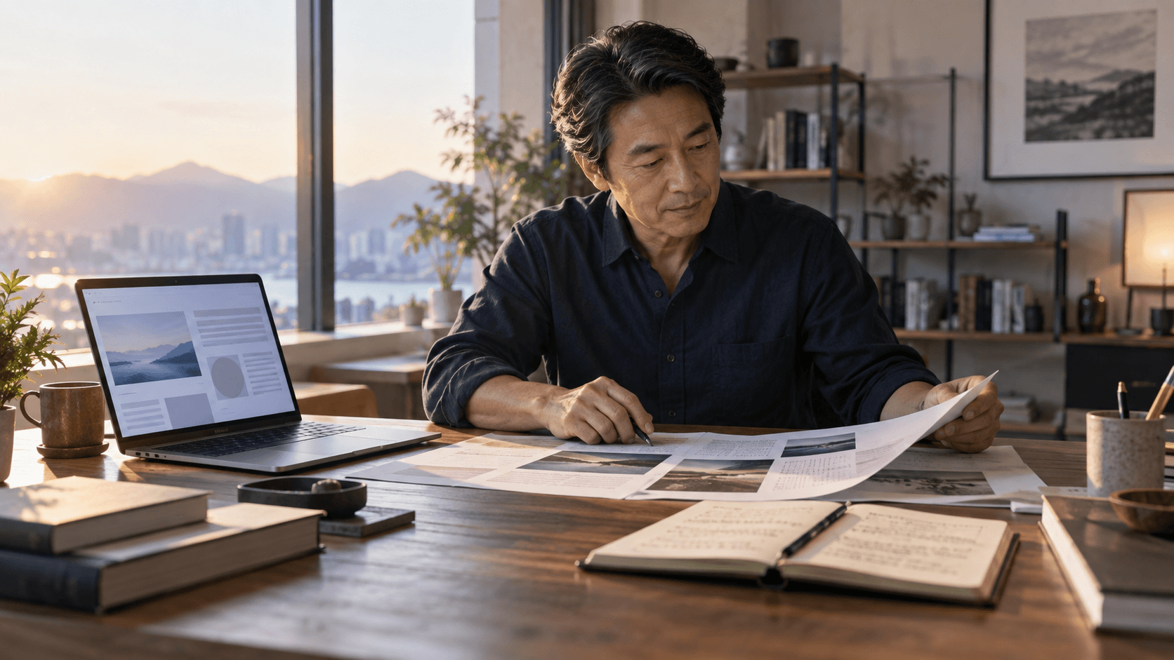A business operator brings together an organized digital draft and personally reviewed printed pages.