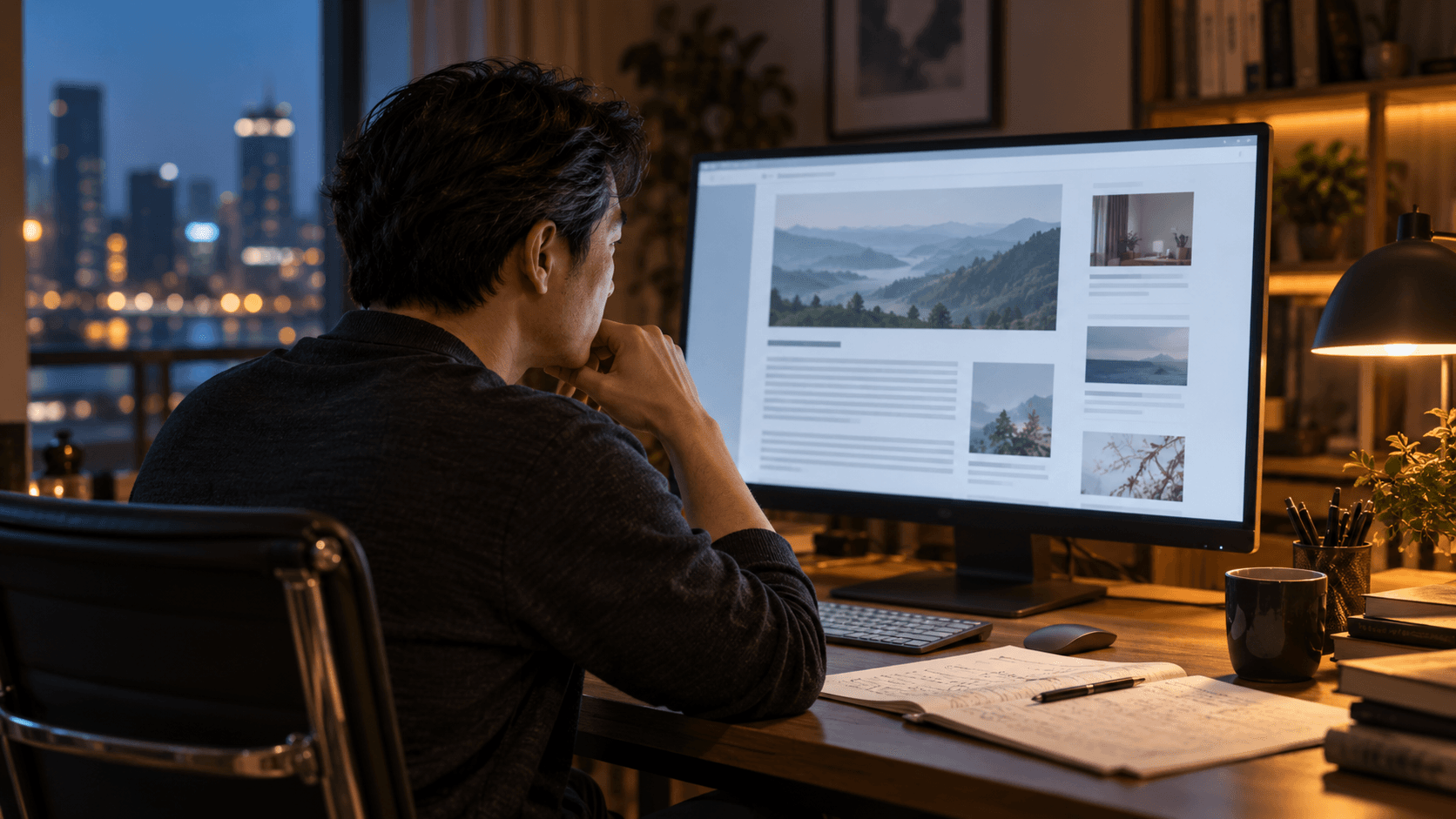 A business operator pauses while reviewing a polished digital draft, with handwritten notes beside the screen.