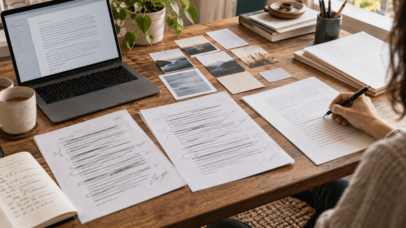 Printed drafts with handwritten revisions show several rounds of human review beside a laptop.