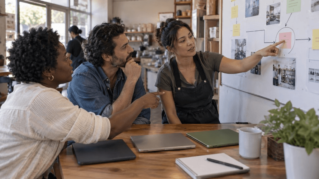 A small team points to one priority on a planning wall instead of spreading attention across every available tool.