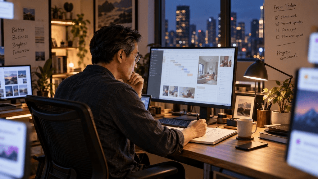 A business owner works at a stable desk with a focused daily list nearby while other screens compete at the edges.