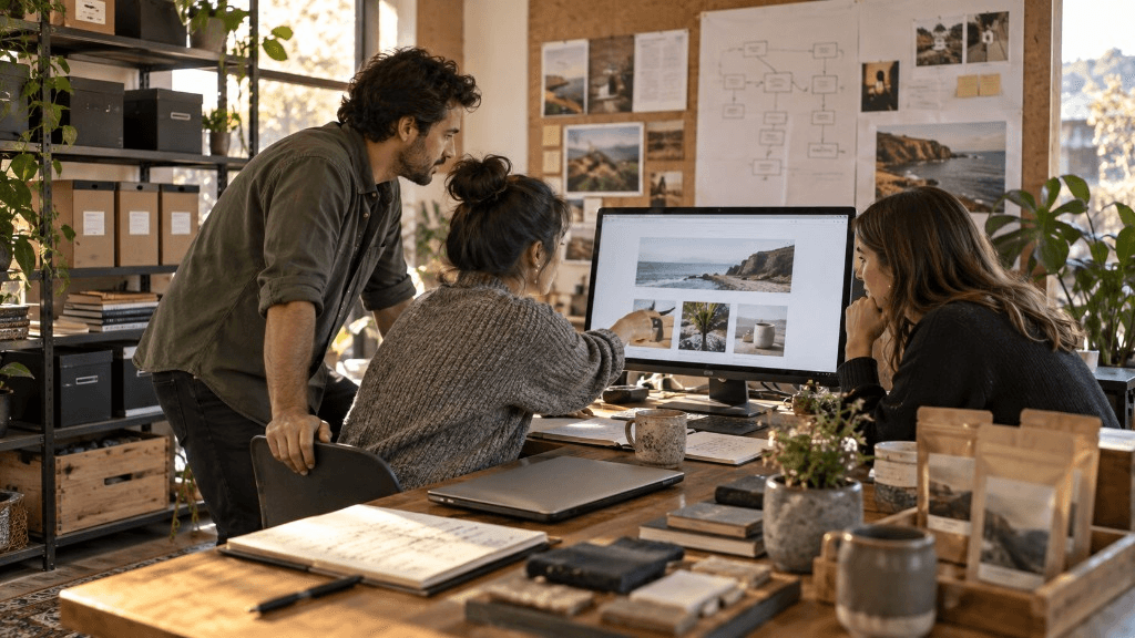 A small team reviews one real project on a single screen using a deliberately limited set of tools.