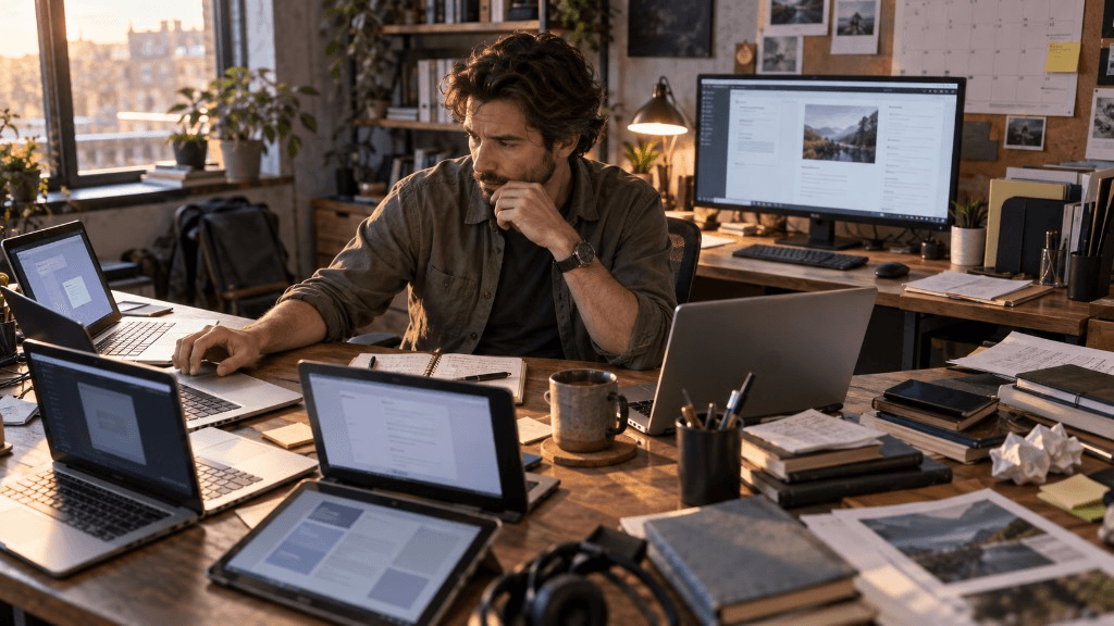 Several disconnected laptops and trial workspaces crowd a desk while one operator tries to keep work moving.