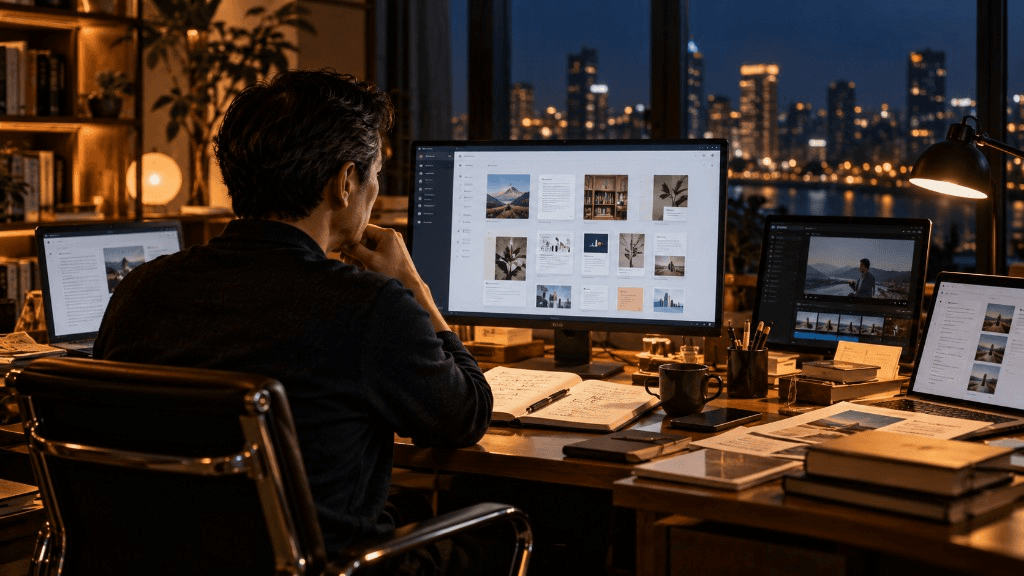 An operator reviews articles, research, and media around a central knowledge library at an evening workspace.