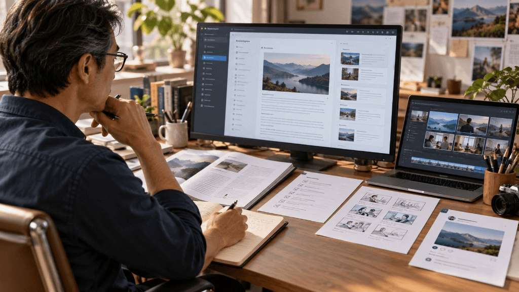 An operator reviews one organized knowledge record alongside an article, storyboard, checklist, and social derivative.