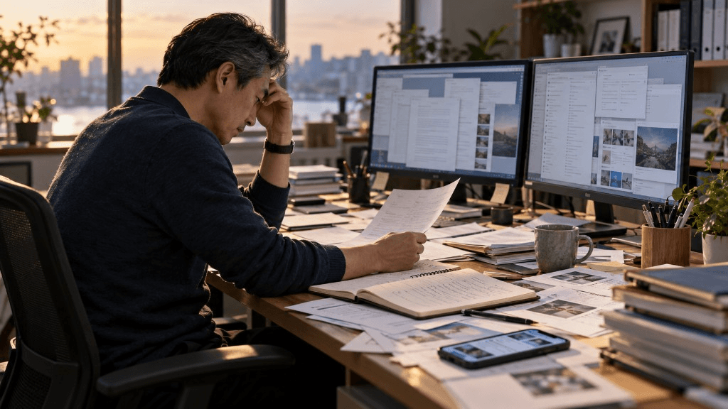 A business owner searches across crowded screens, notebooks, drafts, and research pages.
