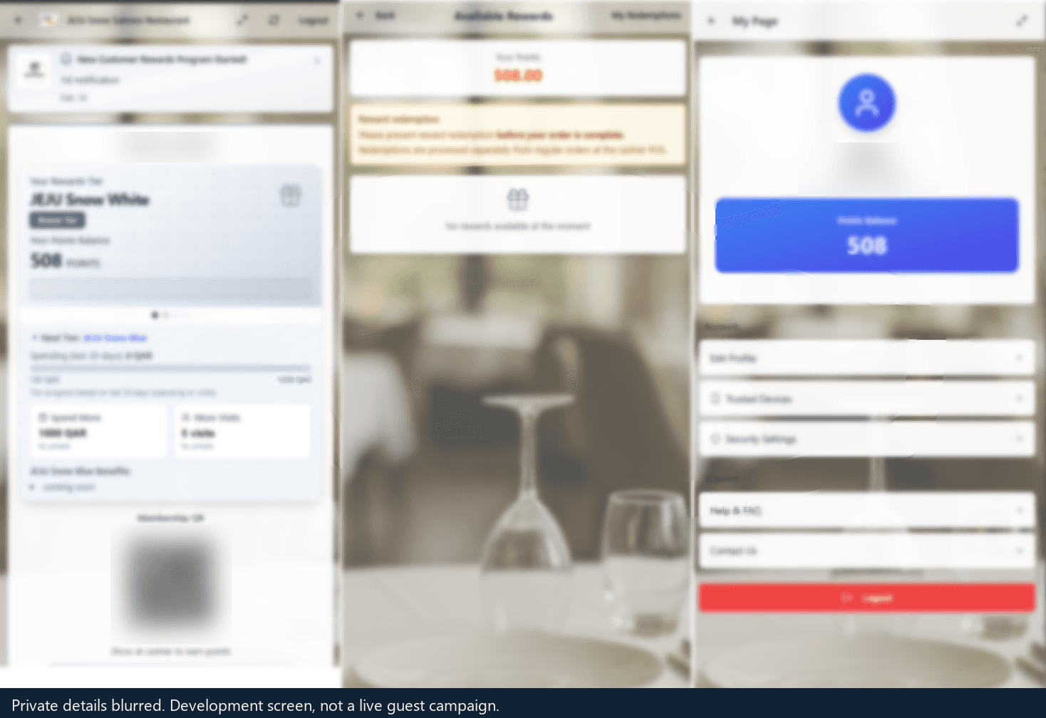 NeuroPOS customer rewards screens from development work. The customer name, phone number and membership code are blurred.