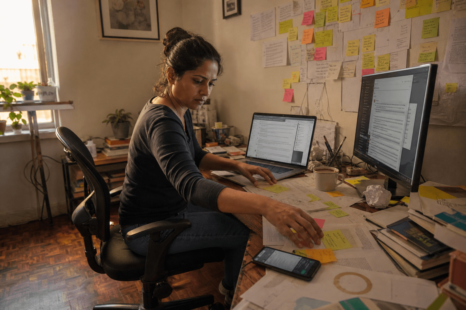 A woman operator at a cluttered dual-screen desk with wall notes — work scattered across chats and paper.