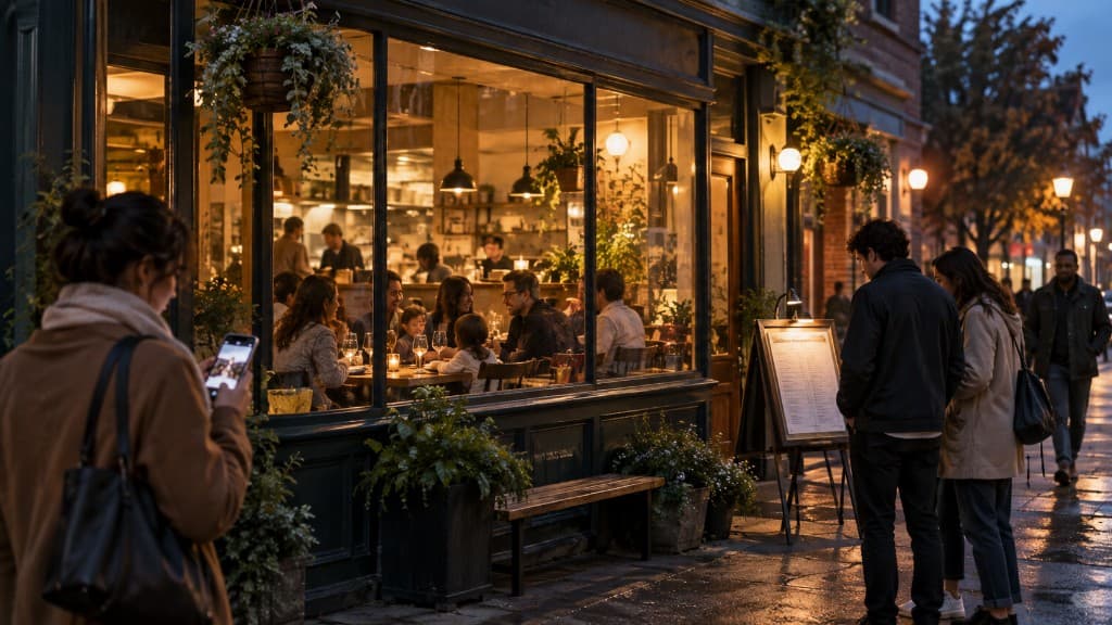 Potential customers discover a welcoming neighborhood restaurant through its storefront, menu, and digital presence.