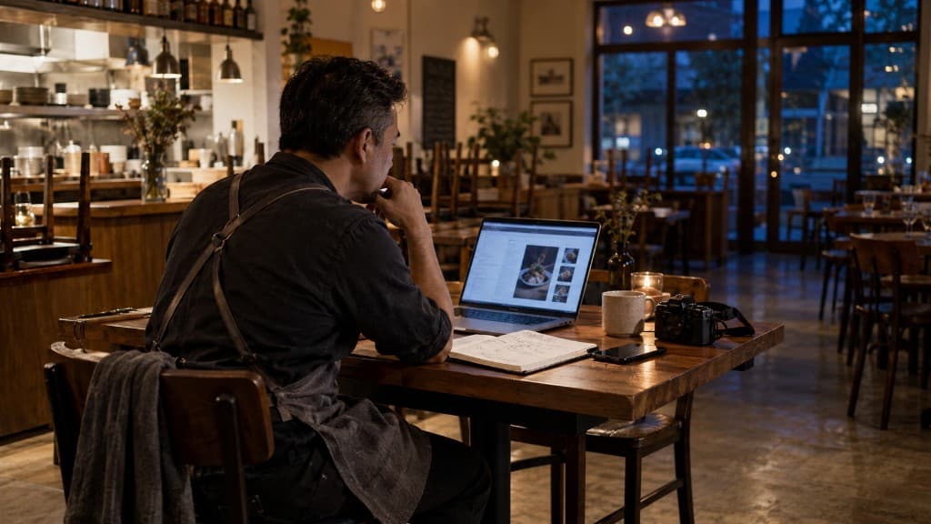 A small-business owner reviews content ideas alone in a restaurant after service.