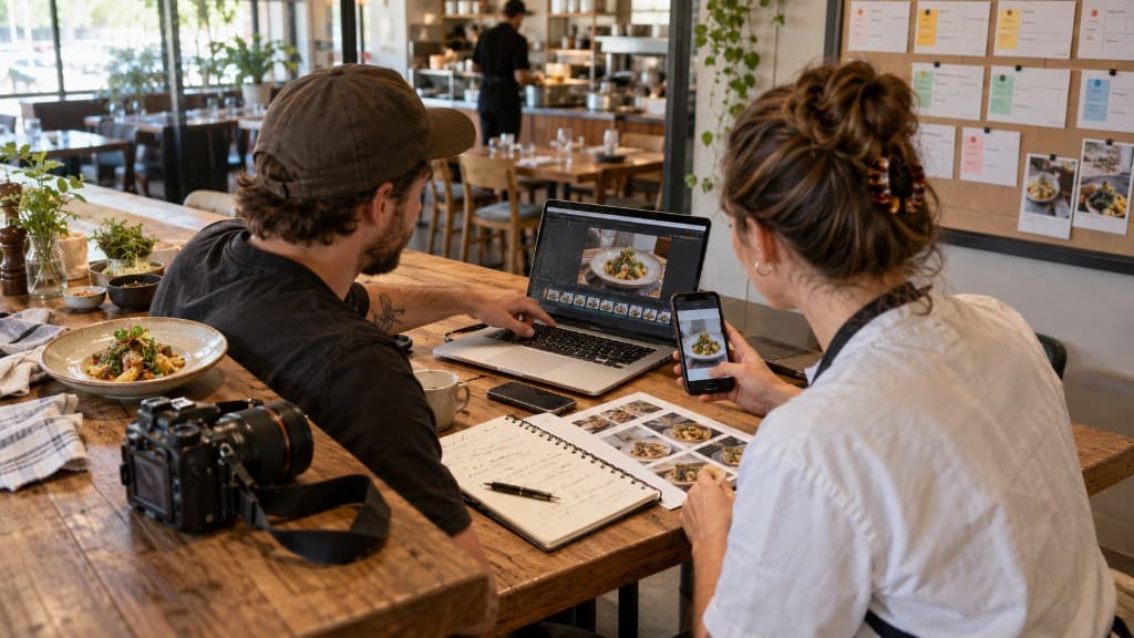 A small-business team turns one real operating story into photo, video, website, and mobile content.