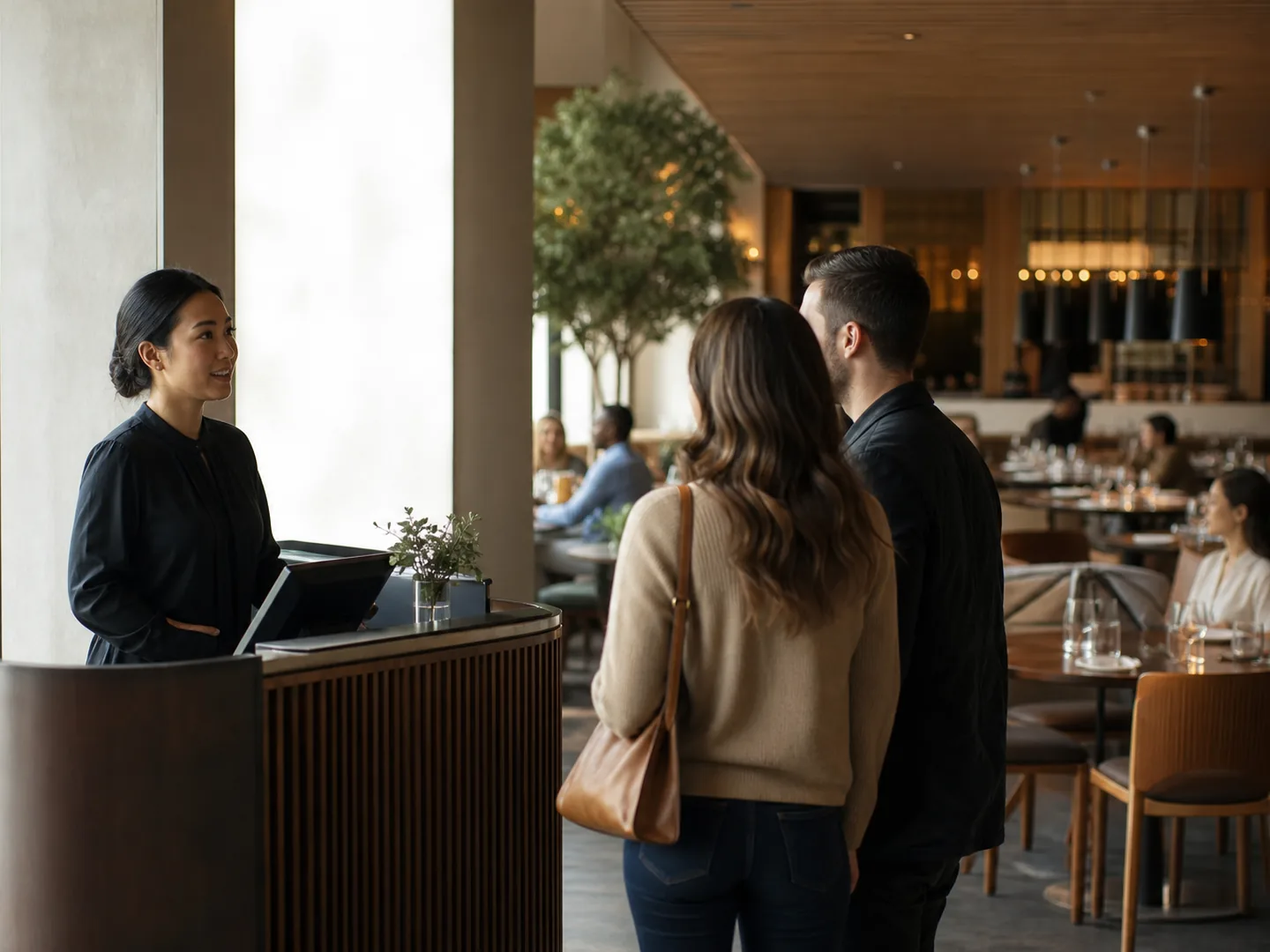 Host welcoming guests at a restaurant host stand with the dining room beyond