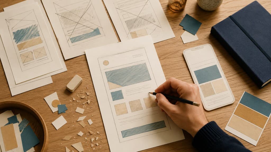 A hand revising a paper webpage prototype beside earlier sketches and a mobile layout.