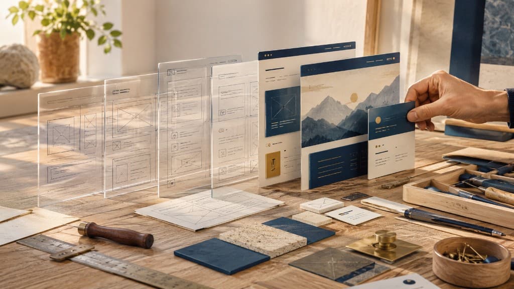 A hand assembling solid website panels beside transparent wireframes on a workbench.