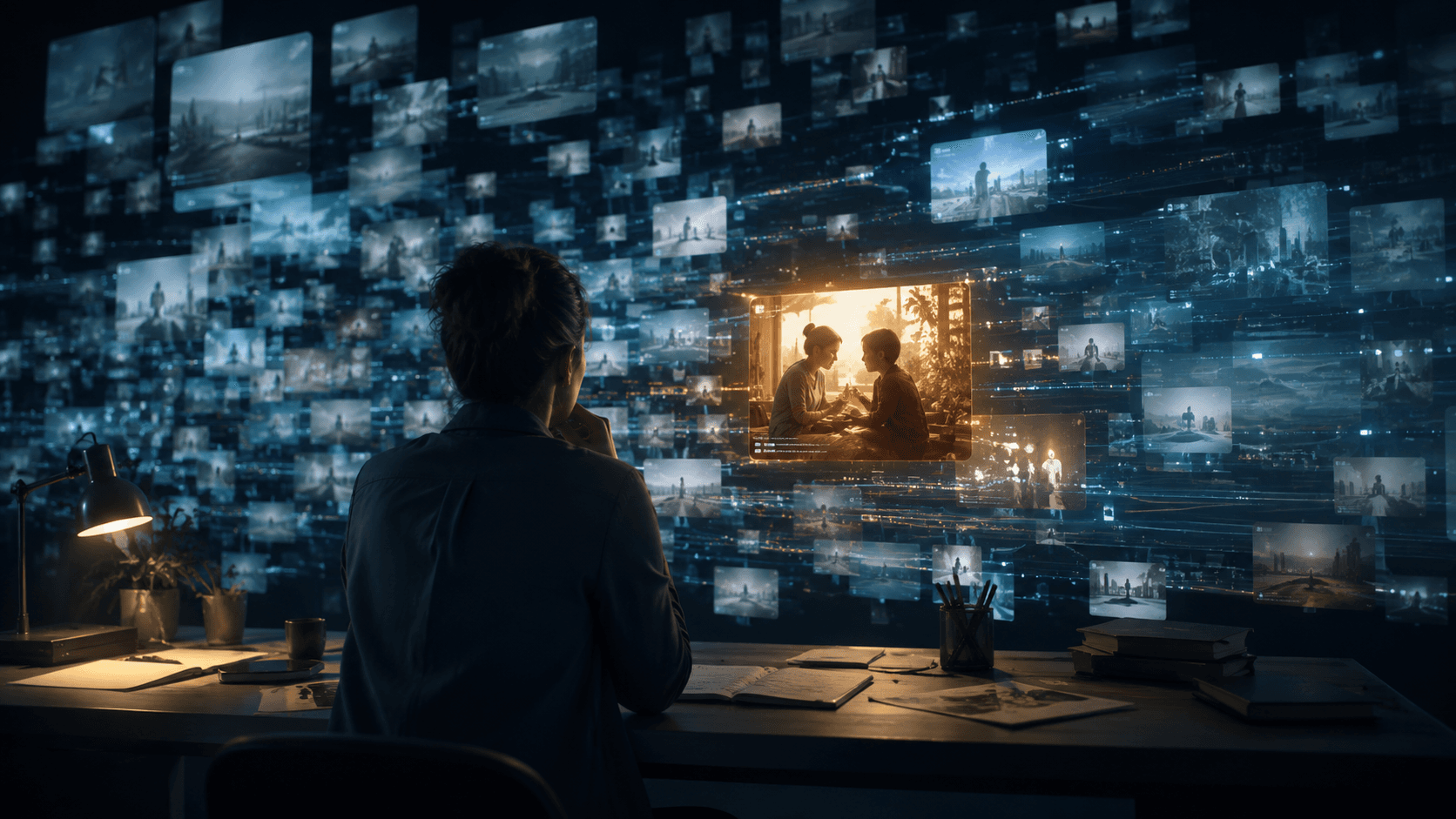A human viewer pausing before one meaningful story while streams of AI-generated content pass around them