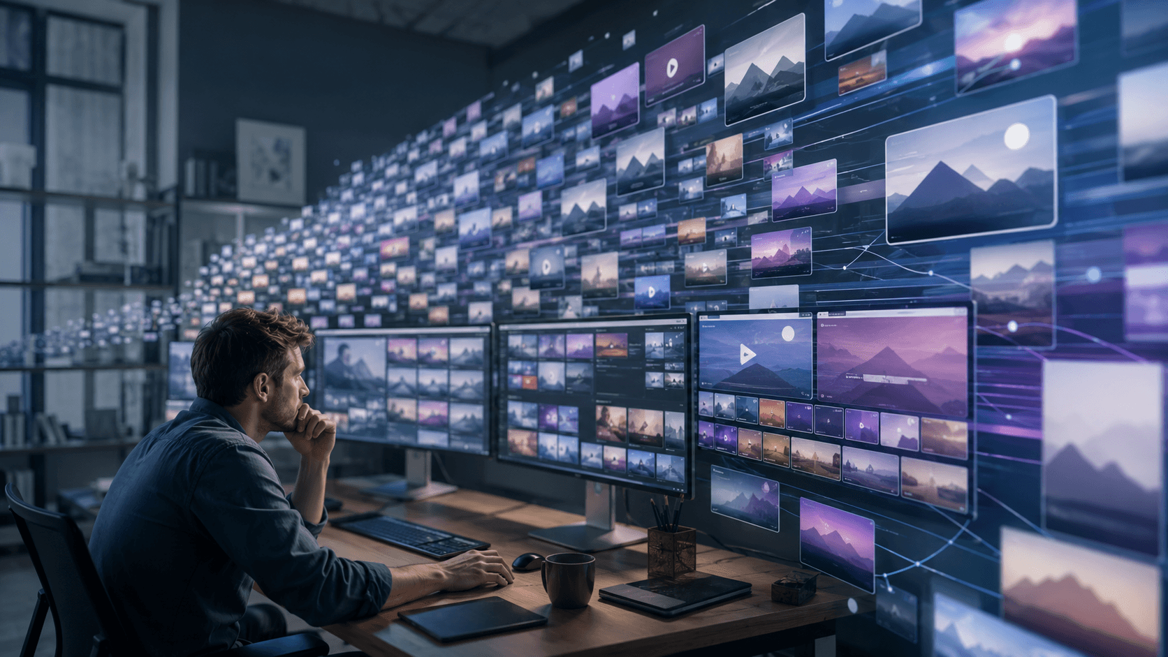 A small operator facing an overwhelming flow of repetitive AI-generated media cards across multiple channels