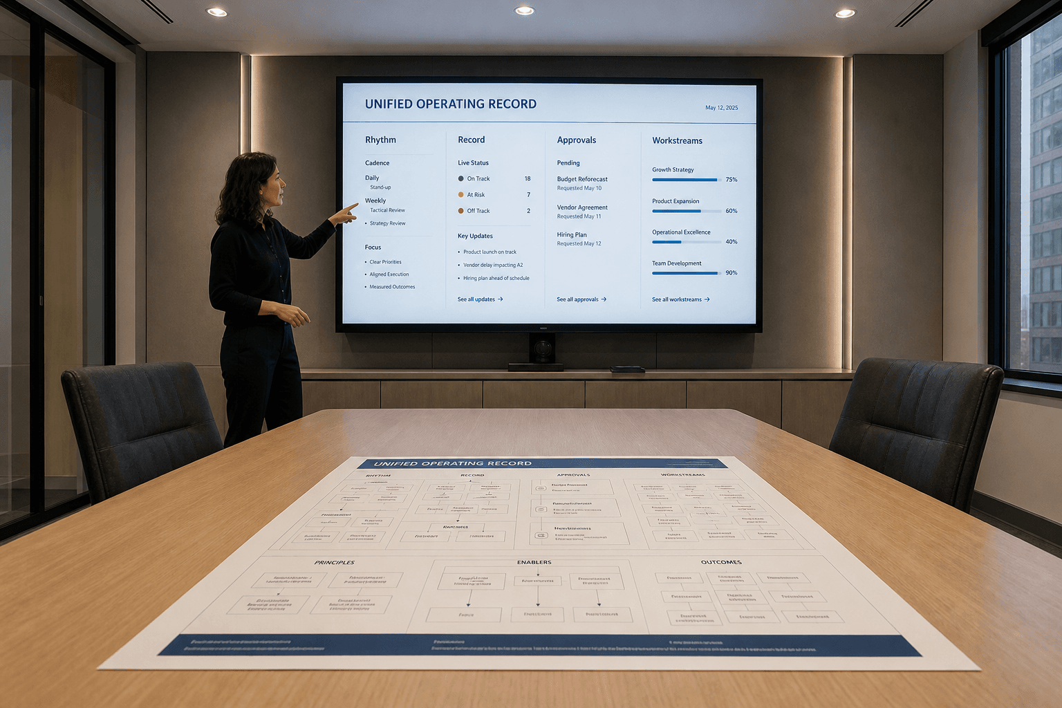 A meeting room with a unified operating-record screen and a printed system map on the table