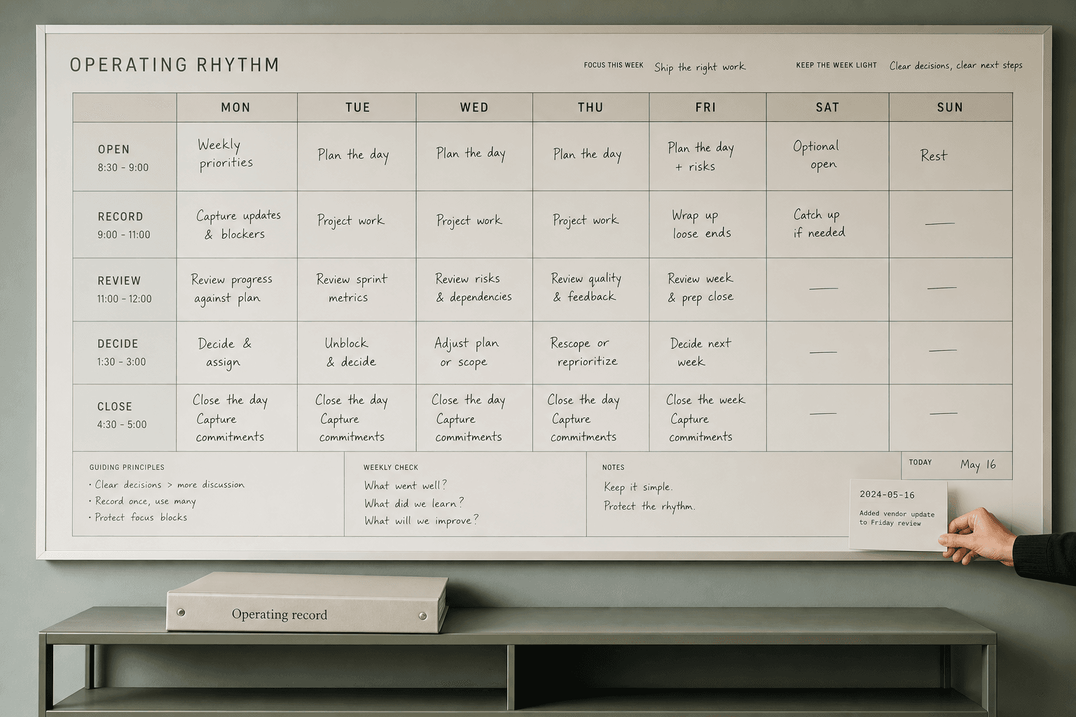 A weekly operating-rhythm wall board with an operating-record binder below