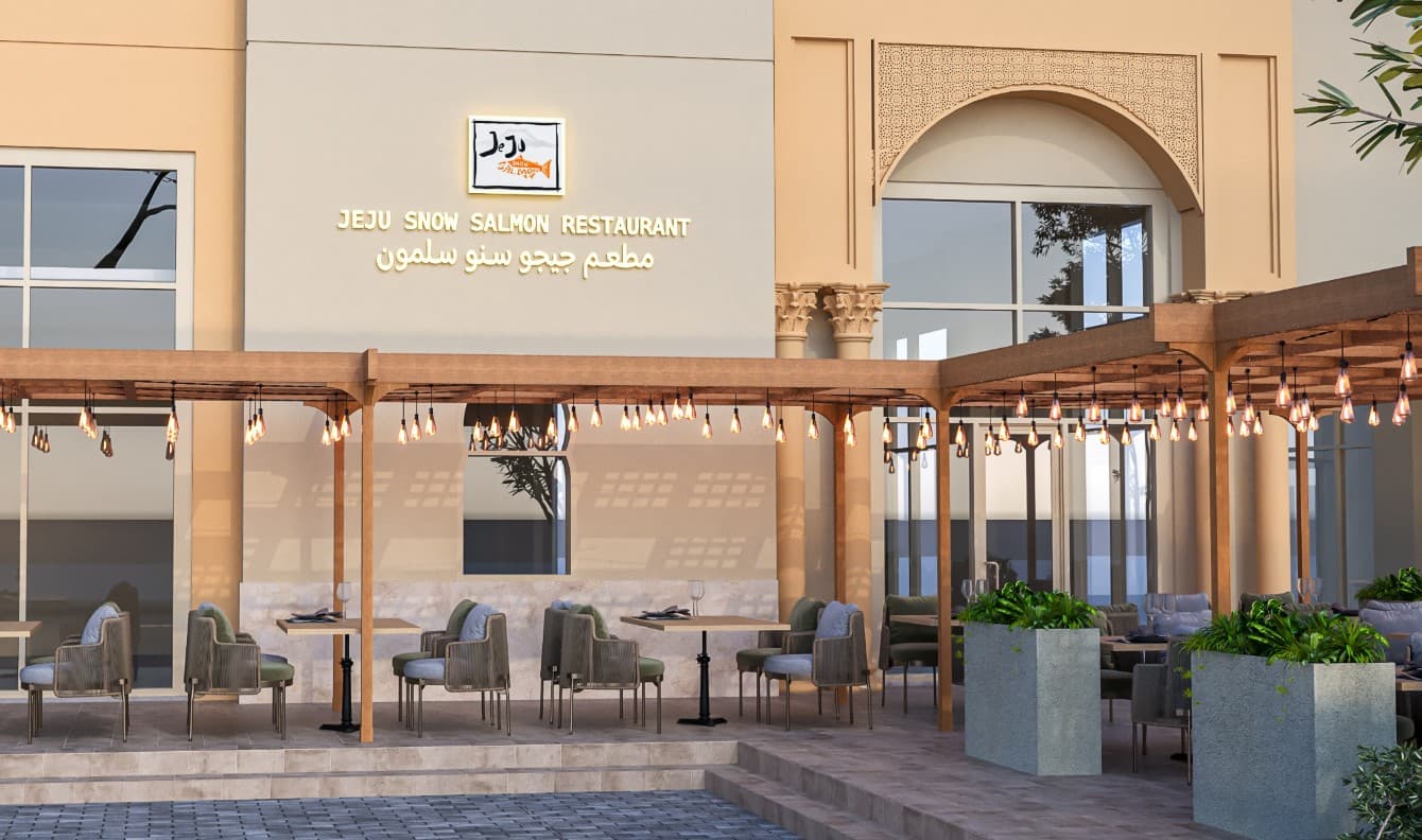 Exterior patio and signage at Jeju Snow Salmon Restaurant in Doha.