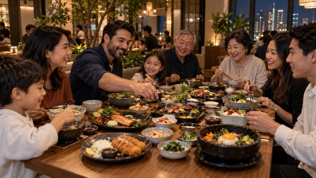 A multigenerational family and friends sharing varied Korean comfort dishes at one table.