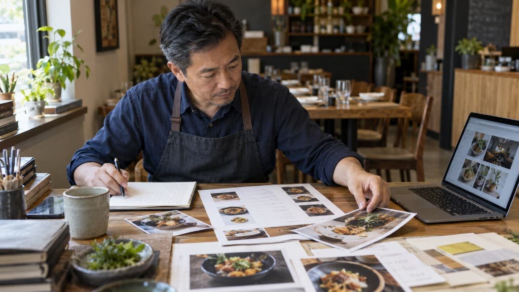 A restaurant operator aligning menu layouts, website imagery, and customer feedback before service.