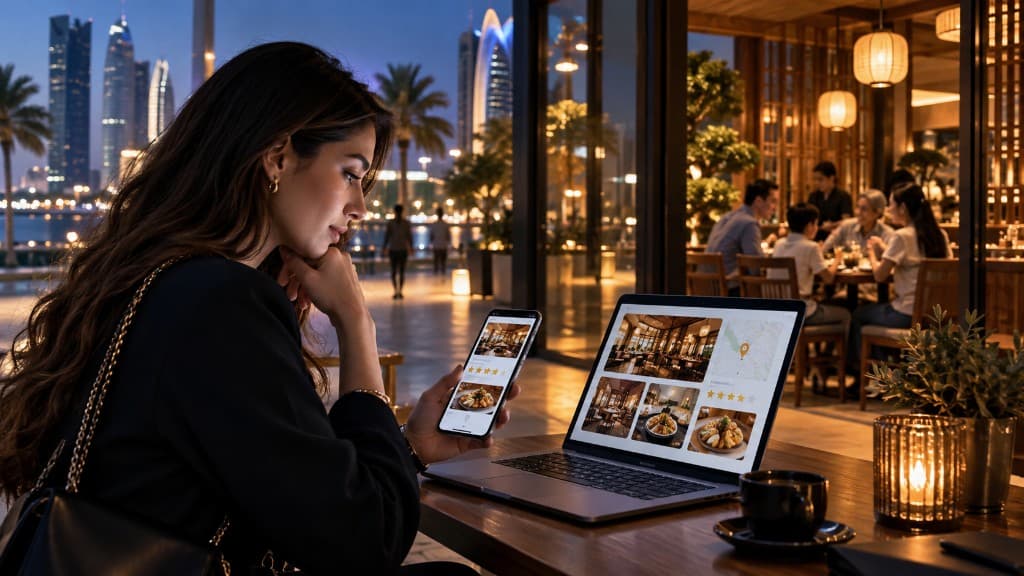 A potential restaurant guest comparing digital restaurant signals before deciding to enter a warm family dining space.