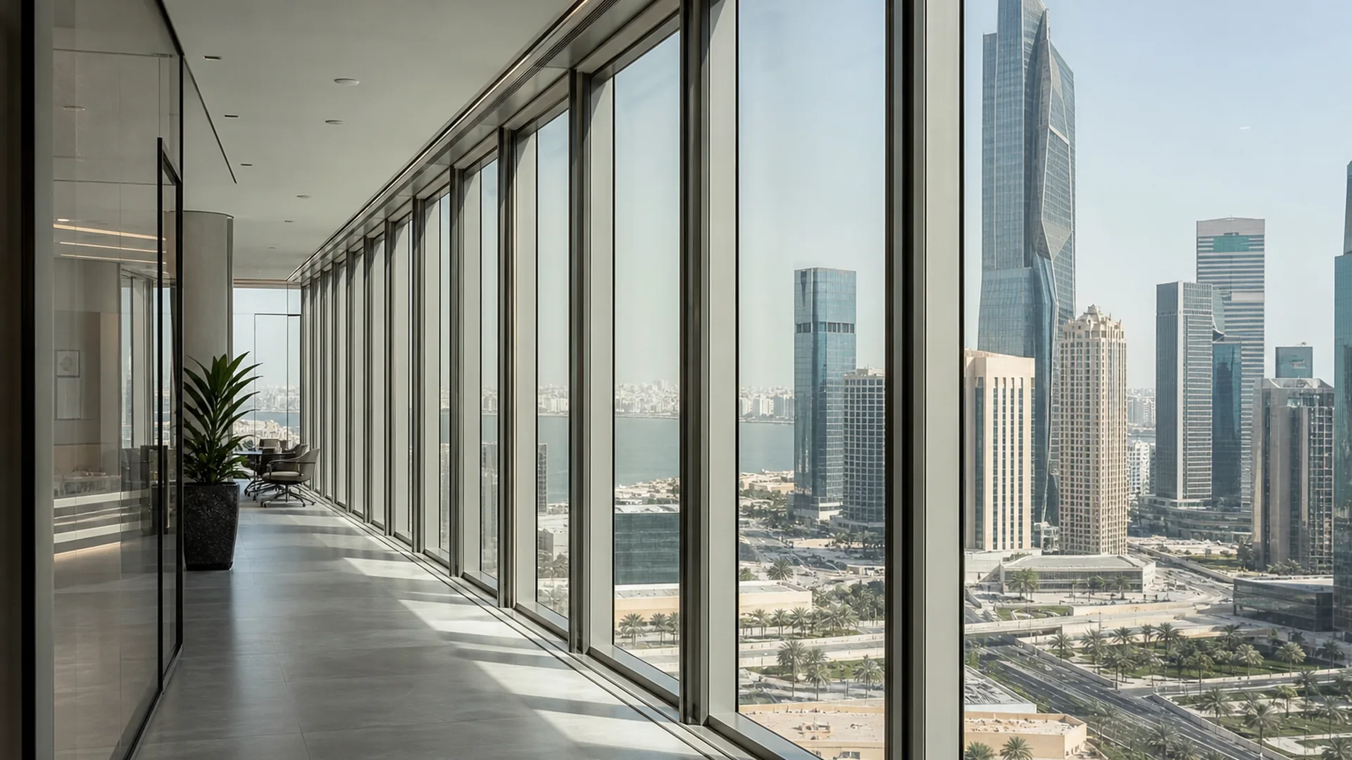 Modern office corridor overlooking a Gulf city skyline during a free zone vs mainland decision