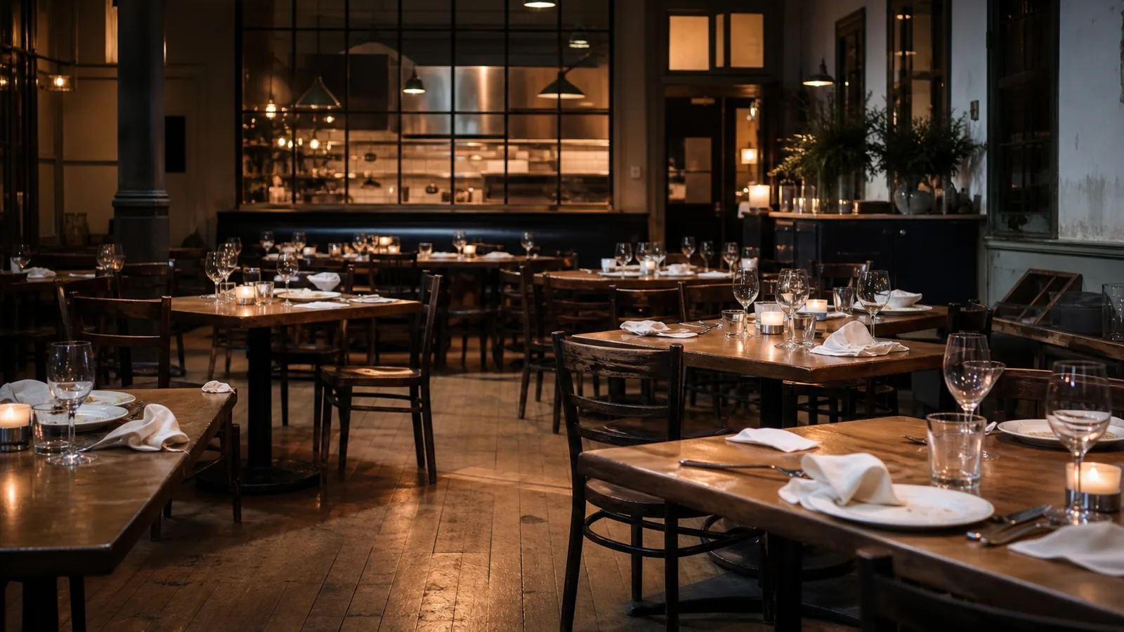 Quiet restaurant after a hard service — empty chairs, lights dimming — reflective not sensational