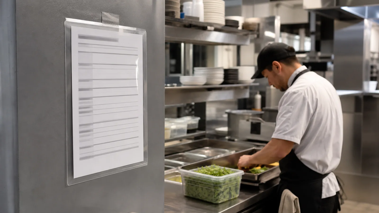 Laminated one-page SOP posted at a kitchen station