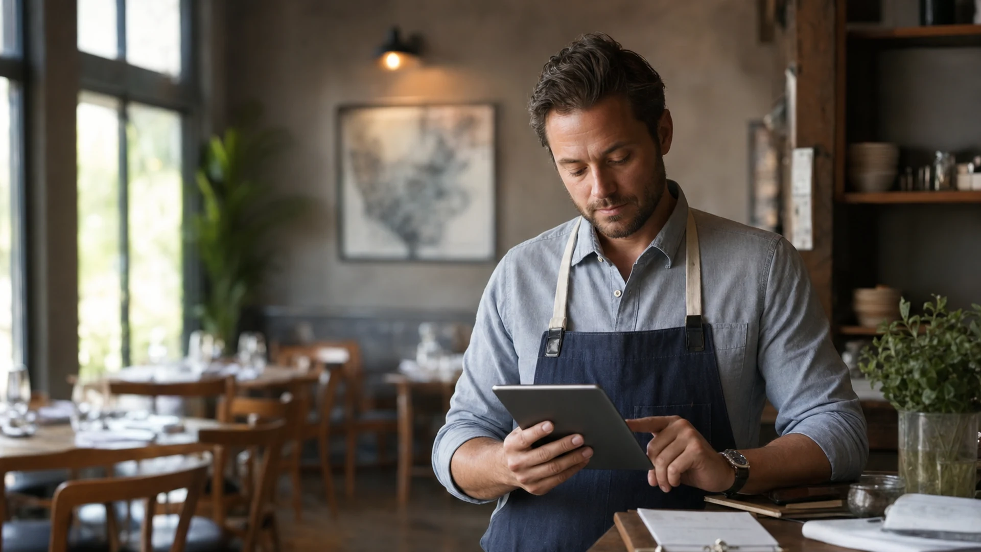 A person reviews operations on a tablet in a quiet restaurant workspace. Illustrative scene, not a client dashboard.